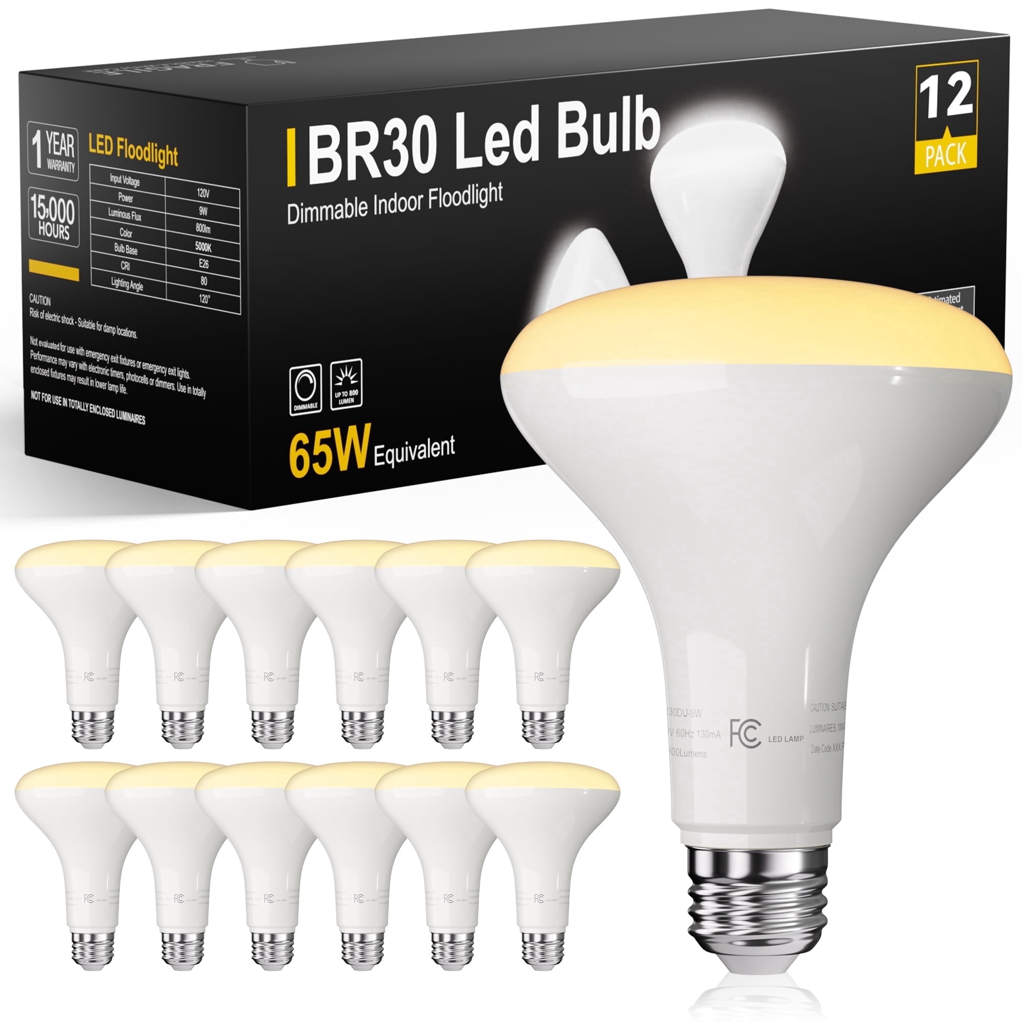 DAYBETTER 12 Pack BR30 Led Bulbs 65W Equivalent, Dimmable Indoor Flood Lights Bulb, E26 Base, 2700K Soft White, 9W, 800 LM, Recessed Lighting Bulb for Ceiling, Recessed Can, Living Room and Kitchen
