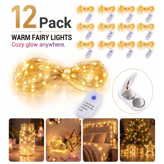 DAYBETTER 12 Pack Fairy String Lights, Total 4ft Copper Wire Lights with 240 LEDs, 3 Lighting Modes and Battery-powered, Decorative Lights for Wedding, Party & Home Decor