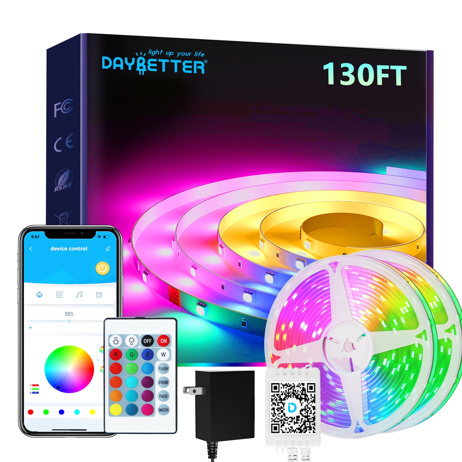 DAYBETTER 130ft LED Strip Lights for Bedroom Music Sync RGB Color