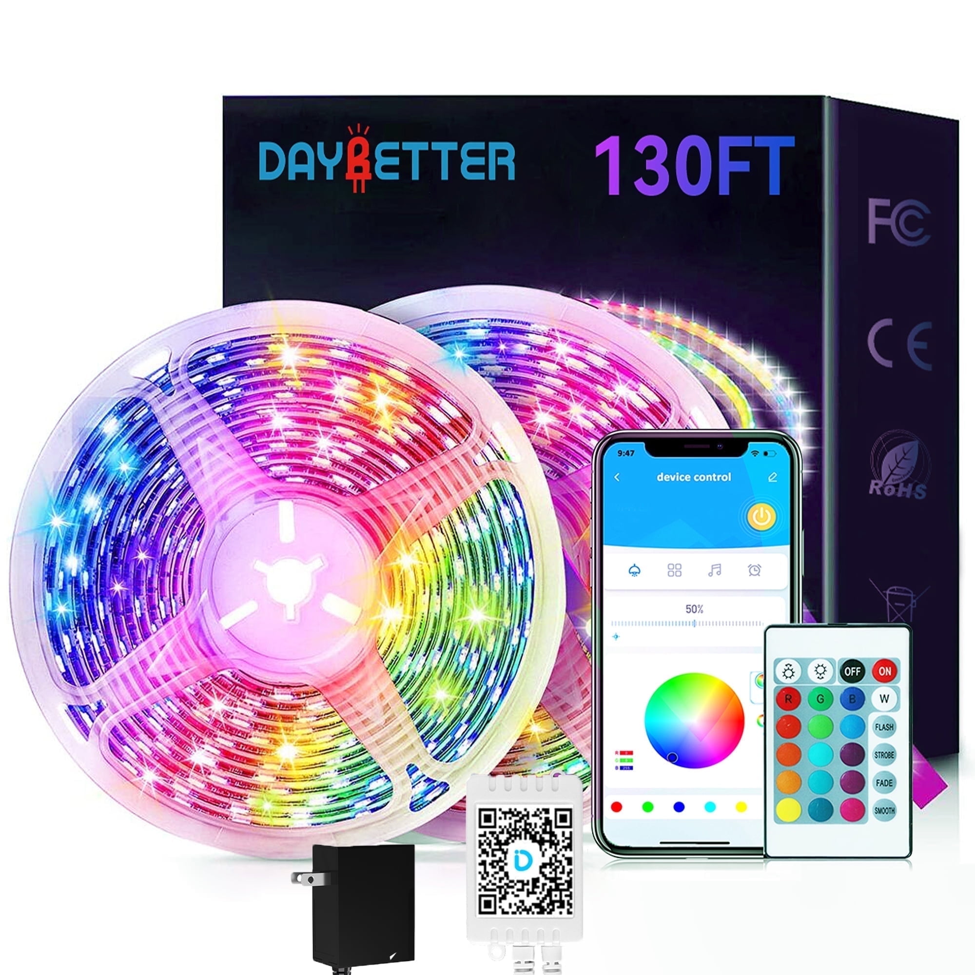 Walmart Saving of  DAYBETTER 130ft Long LED Strip Lights for Room, Sync RGB Color Changing with APP and Remote Control, Indoor Decor