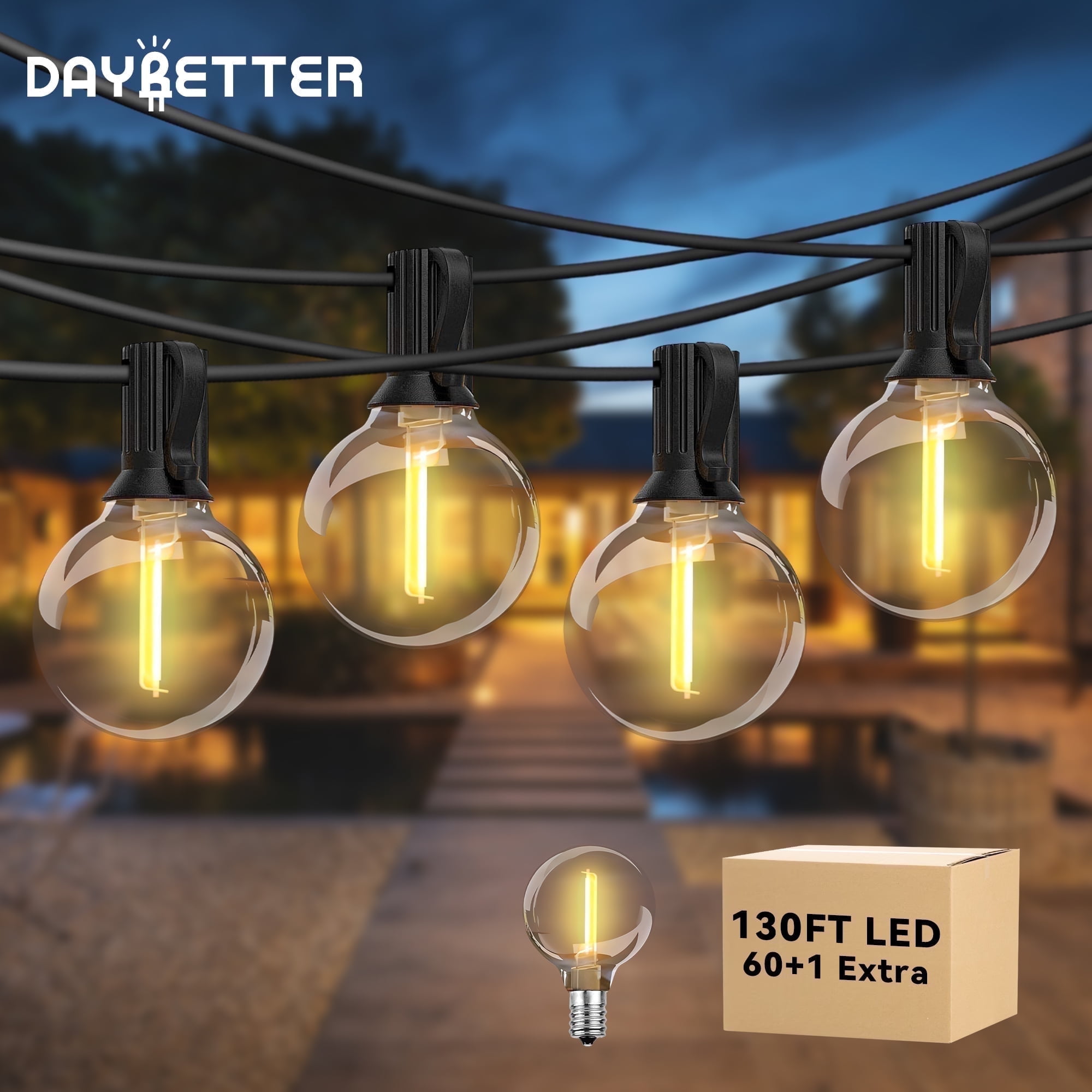 DAYBETTER 130ft Outdoor String Lights, G40 with 60 Vintage Bulbs, Waterproof Connectable Hanging Lights for Backyard, Party