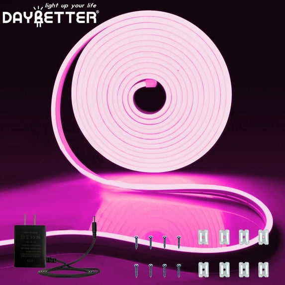 DAYBETTER 16.4ft Pink LED Neon Rope Lights, 24v Low Voltage and IP65 Waterproof Flexible Strip Lights for Indoor Outdoor Home Decor（Include Power Adapter）