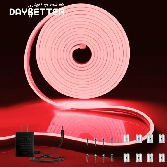 DAYBETTER 16.4ft Red LED Neon Rope Lights, 24v Low Voltage and IP65 Waterproof Flexible Strip Lights for Indoor Outdoor Home Decor(Include Power Adapter)