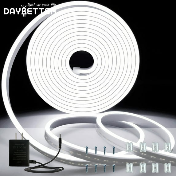 DAYBETTER 16.4ft White LED Neon Rope Lights, 24v Low Voltage and IP65 Waterproof Flexible Strip Lights for Indoor Outdoor Home Decor(Include Power Adapter)