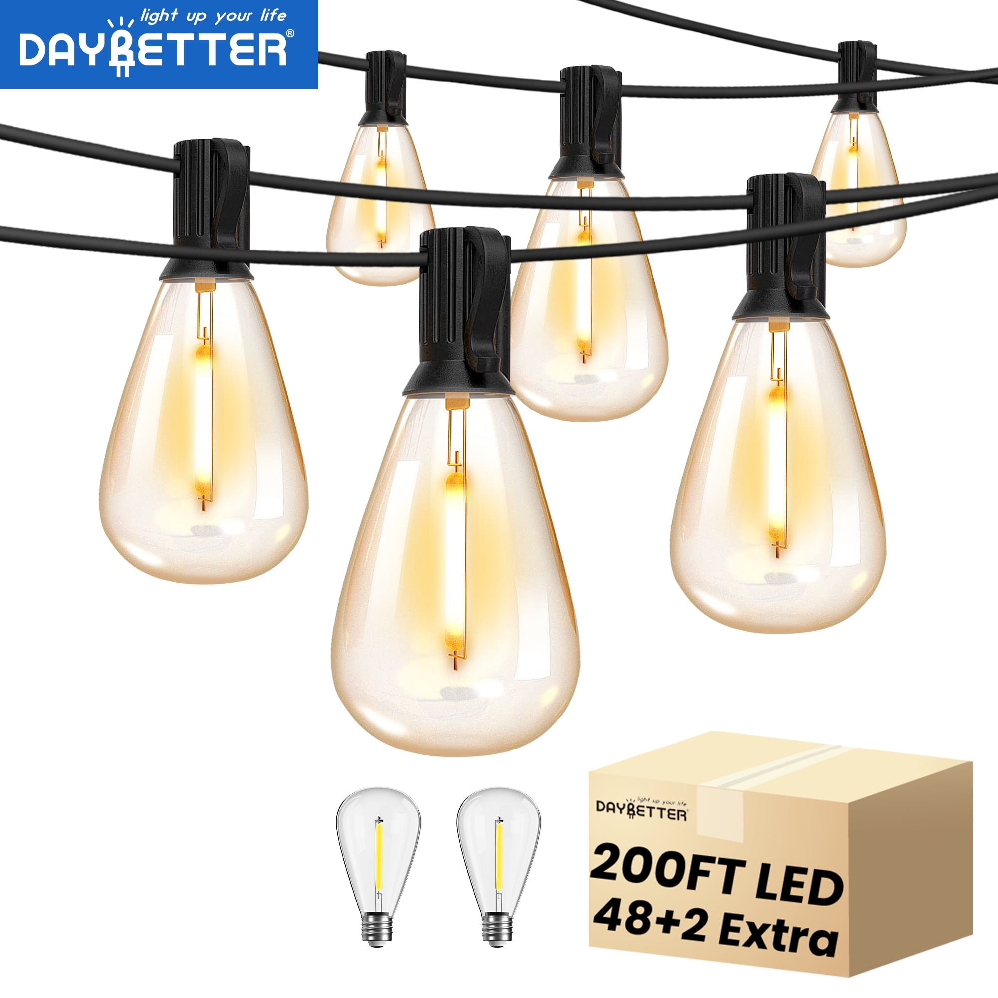DAYBETTER 200FT Outdoor String Lights, Waterproof Patio Lights with 48+2 Hanging Lights S11 Bulbs, Shatterproof for Backyard Gazebo Porch Garden Outside Decor