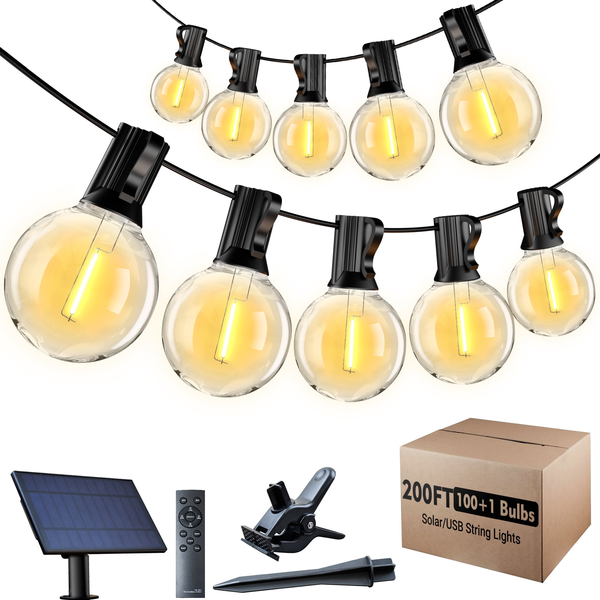 DAYBETTER 200ft Solar Outdoor String Lights, 100 Shatterproof G40 Bulbs, Waterproof