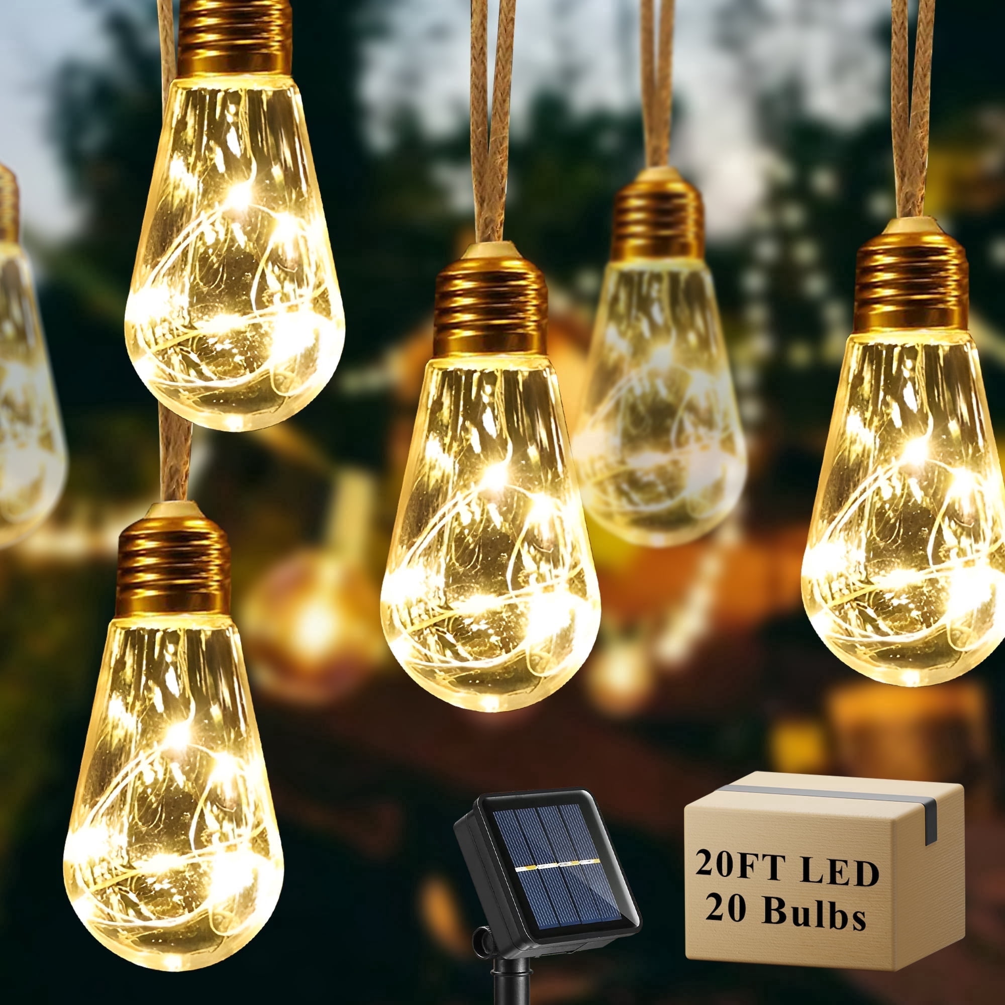 DAYBETTER Solar Outdoor String Lights Warm White, 20ft 20 Bulbs Shatterproof Vintage Hemp Rope, 8 lighting Modes, Solar String Lights for Fence, Yard, Camping Decor
