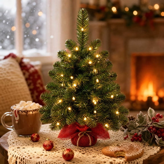 DAYBETTER 2ft Mini Artificial Christmas Tree, 35 Warm White Lights & 71 Dense Tips, Pre-Lit Tabletop Tree for DIY Christmas Decoration