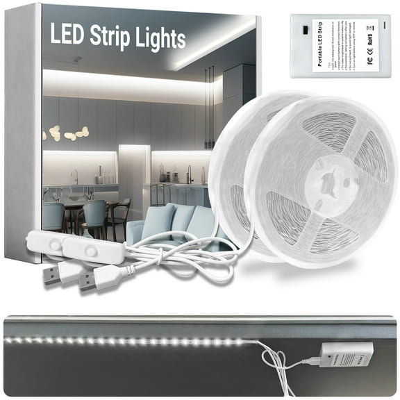 DAYBETTER 2Pack Battery Powered LED Strip Lights, 32.8ft USB White LED Strip Lights, Cuttable, for  Bedroom, Dormitory, Tent, TV, Under Cabinet
