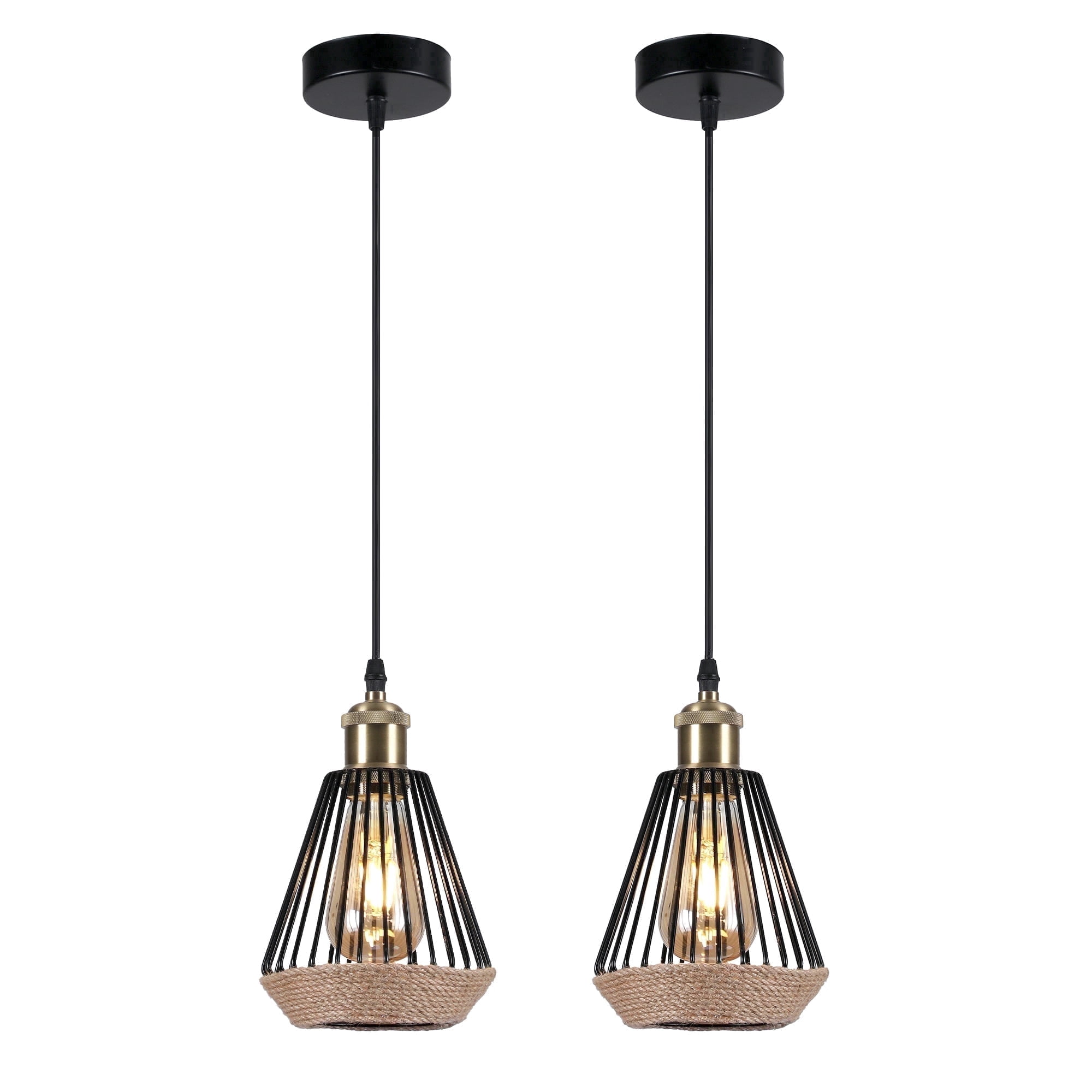 DAYBETTER Pendant Light Diamond Shaped 2Pack, Boho Hanging Lamp with Hemp Rope Design, 2700K Warm Light for Kitchen Island, Dining Room, Bedroom