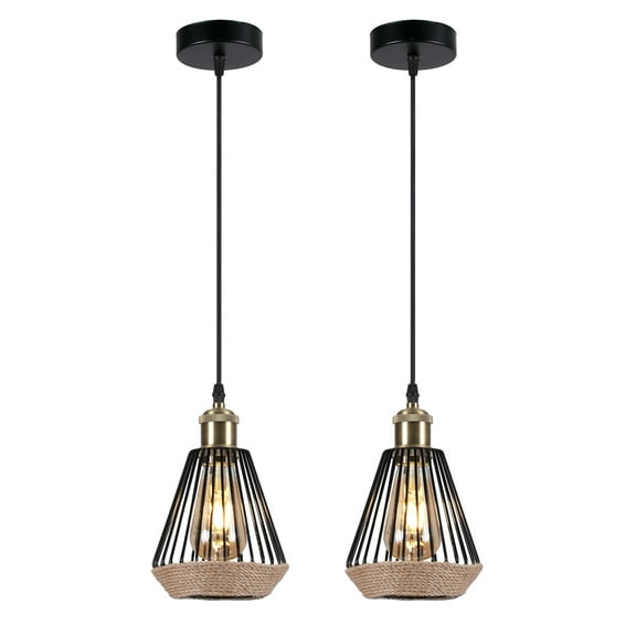 DAYBETTER 2Pack Diamond Shaped Hemp Rope Pendant Light, 110V E26, 4W Warm Light (2700K), Industrial Style Hanging Lamp for Kitchen Island, Dining Room, Bedroom