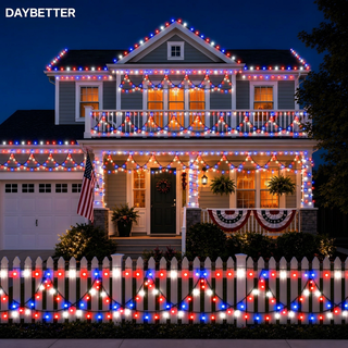 DAYBETTER Outdoor eave lights 40FT 380 LED Timer Color Changing Independence Day Decor Light , Half Round String Lights for House Roof Eaves Garden Patio 2 Pack (Red White Blue)