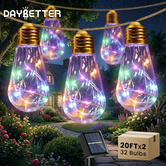 DAYBETTER 2Pack Vintage Rope Hemp Solar String Lights, 40FT/8Light Modes/32Bulbs/multicolor Solar Powered String Lights for Fence Patio Garden Yard Room Decor