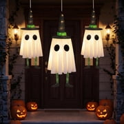 DAYBETTER 3 Pack Halloween Hanging Ghosts Light Up Decor, LED Ghost with Witch Hat Cute Lighted Ornaments for Indoor Outdoor Yard Patio Porch Tree Spooky Decor 