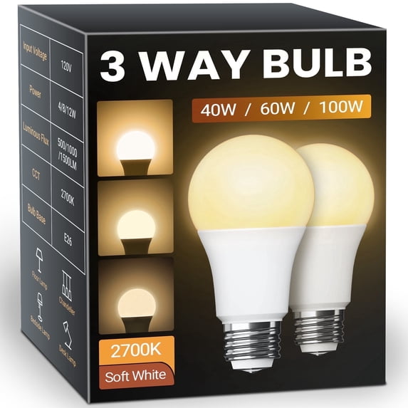 DAYBETTER 3 Way LED Light Bulbs,40 60 100W Equivalent,Soft White 2700K 3 Way Light Bulbs,500lm 1000lm 1500lm,A19 Three Way Light Bulbs,E26 Base 3-Way Light Bulbs,2 Pack.