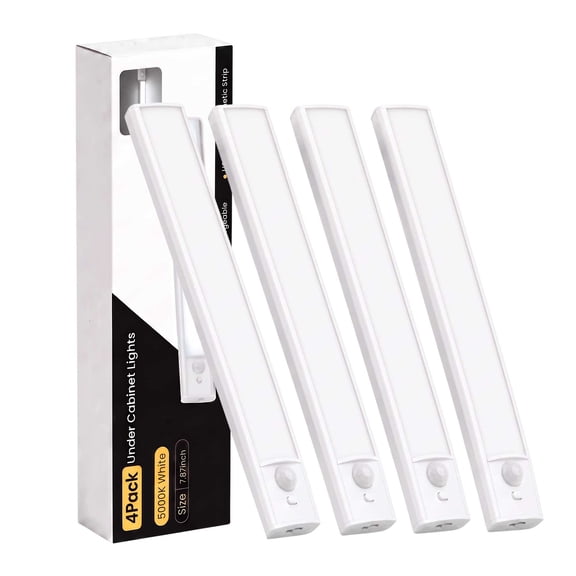 DAYBETTER White Light Under Cabinet Lighting, USB Rechargeable Closet Lighting with Motion Sensor and Magnetic Strip for Wardrobe & Kitchen, Wireless Lighting, 4?Pack