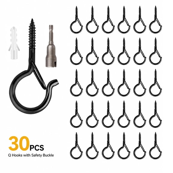 DAYBETTER 30PCS Black Screw Hooks with Safety Buckle, Metal Q-Hanger Ceiling Hooks for Hanging Outdoor String Lights, Fairy Lights, Home