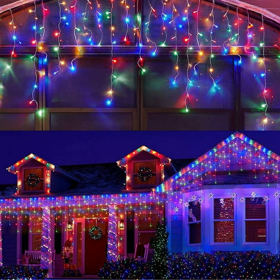 DAYBETTER 33ft Christmas Icicle Lights, Outdoor Multi Color 60 Drops Ice Cycle String Lights with 360 LED 8 Modes for Fireplace Wedding Decorations