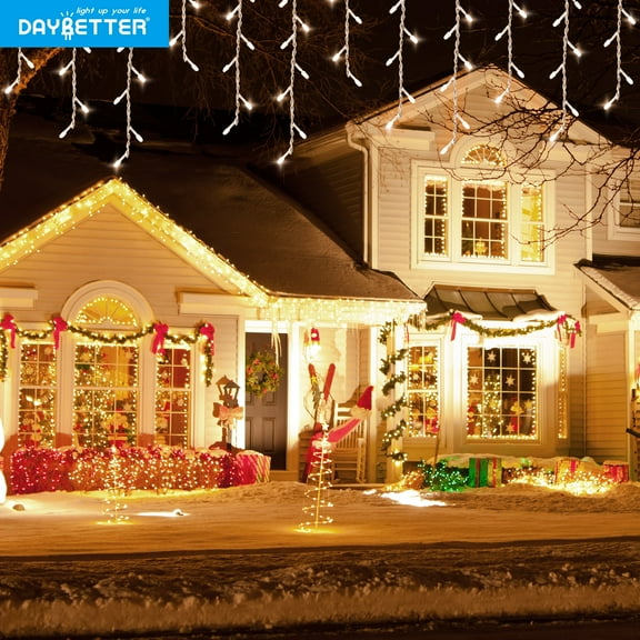 DAYBETTER 33ft Christmas Icicle Lights, Outdoor Warm White 60 Drops Ice Cycle String Lights with 360 LED 8 Modes for Fireplace Wedding Decorations