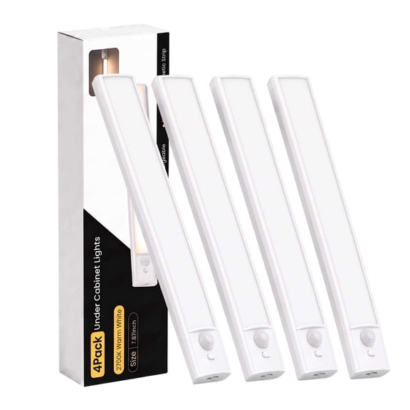DAYBETTER Warm White Light Under Cabinet Lighting, USB Rechargeable Closet Lighting with Motion Sensor and Magnetic Strip for Wardrobe & Kitchen, Wireless Lighting, 4?Pack