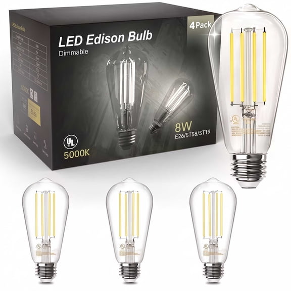 DAYBETTER Dimmable ST58 Vintage Edison LED Bulbs 4 Pack E26 Base 60W Eq 800LM 5000K Clear Glass Light Bulbs