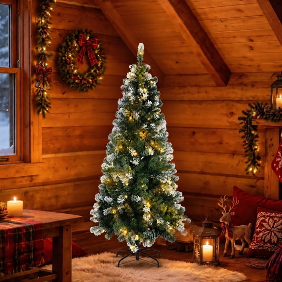 DAYBETTER 4ft Slim Christmas Tree, Pre-Lit Snow-Dipped Artificial Xmas Tree with 100 LEDs & 341 Branch Tips, Pencil Christmas for Holiday Decor