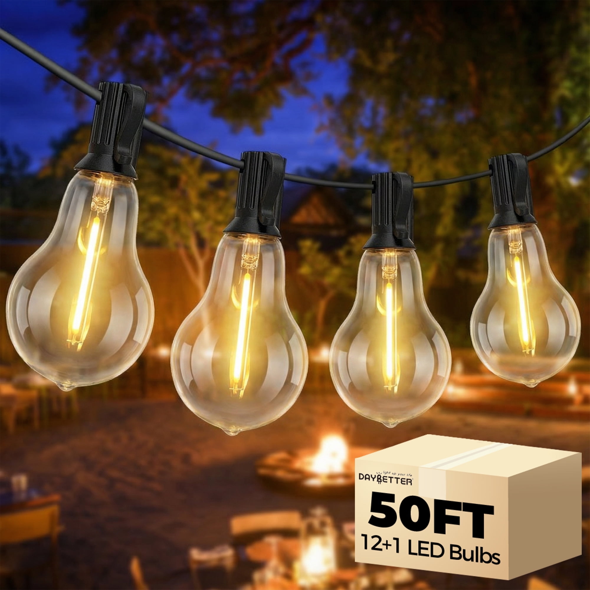 DAYBETTER 50FT Outdoor String Lights, Waterproof Patio Lights with 12 A39 Hanging Light Bulbs, Shatterproof for Backyard Gazebo Porch Garden Outside Decor