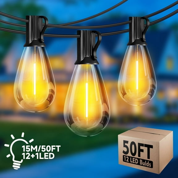 DAYBETTER 50FT LED Outdoor String Lights, Patio Lights with 12+1 Shatterproof S14 Edison Bulbs, Outside Hanging Light Waterproof for Porch, Deck, Garden, Yard, Balcony, Dimmable 2700K