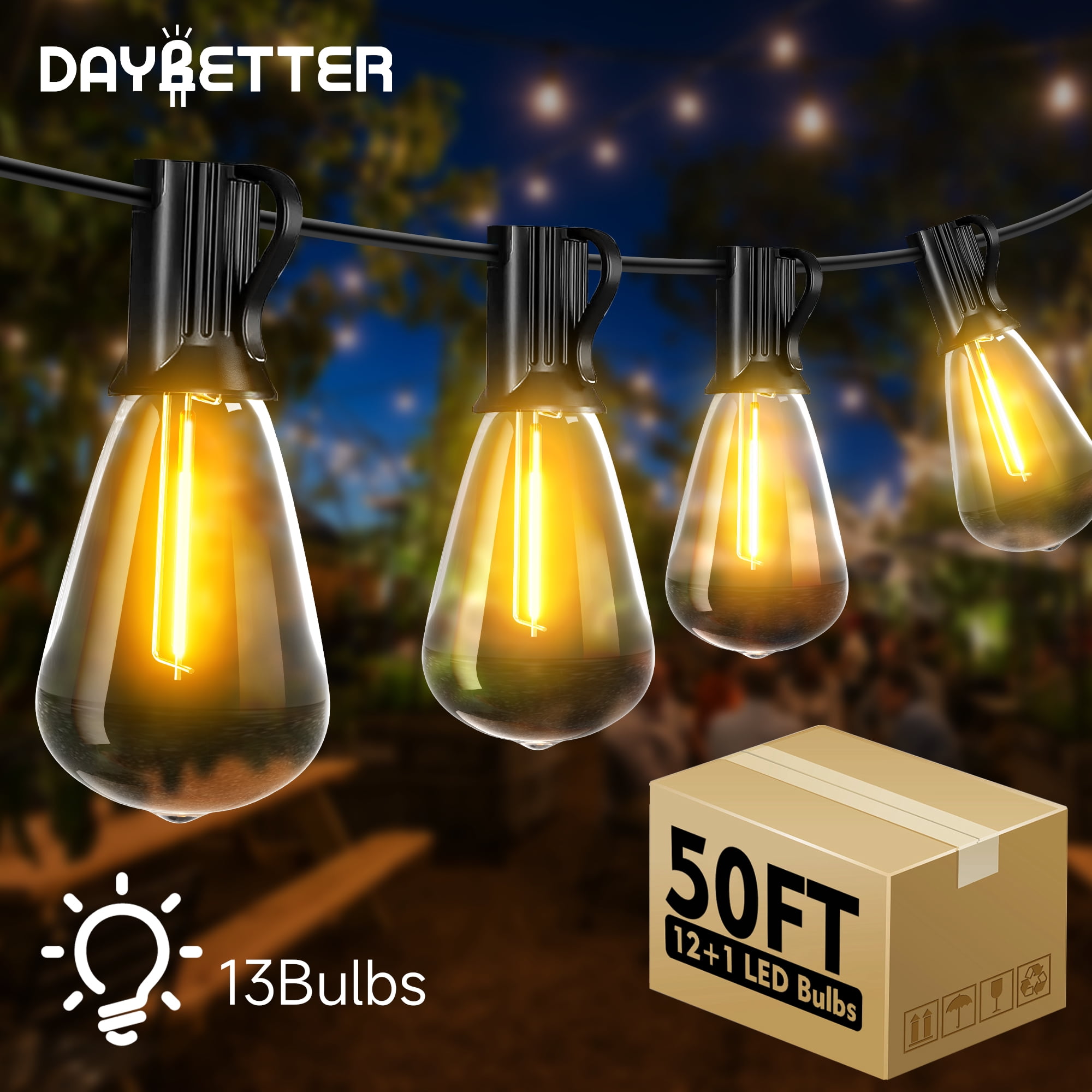 DAYBETTER 50FT ST38 Outdoor String Lights, Waterproof LED Edison Patio ...