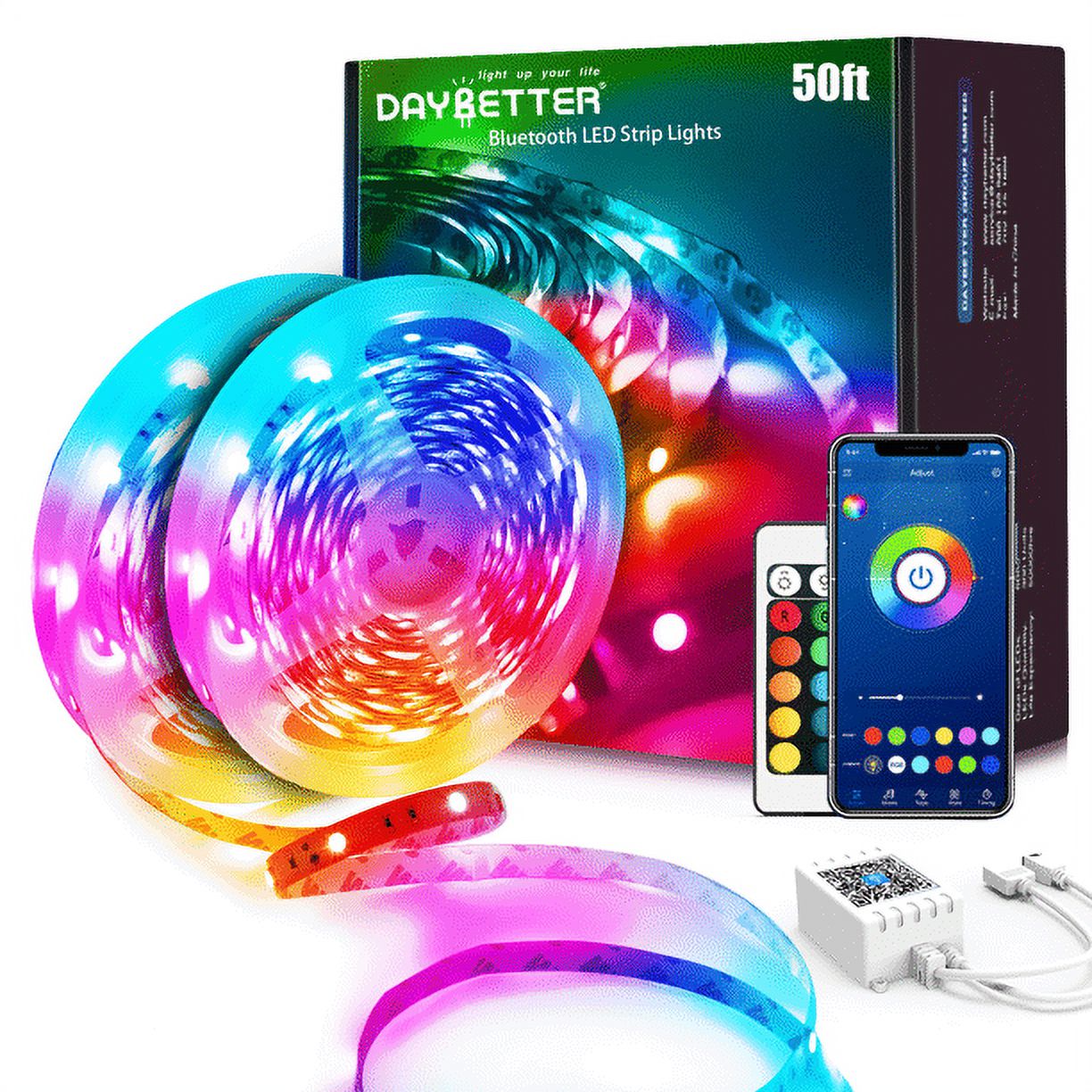 DAYBETTER 50ft Bluetooth LED Strip Lights,Music Sync 5050 LED Light Strip RGB with Remote Control,Timer Schedule,Color Changing LED Lights for Bedroom