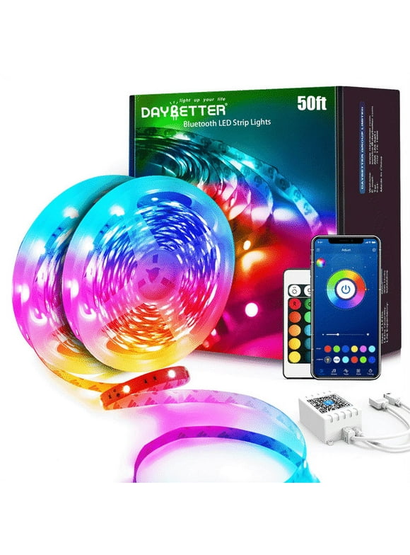DAYBETTER 50ft Bluetooth LED Strip Lights,Music Sync 5050 LED Light Strip RGB with Remote Control,Timer Schedule,Color Changing Led Lights for Bedroom(APP+Remote +Mic)