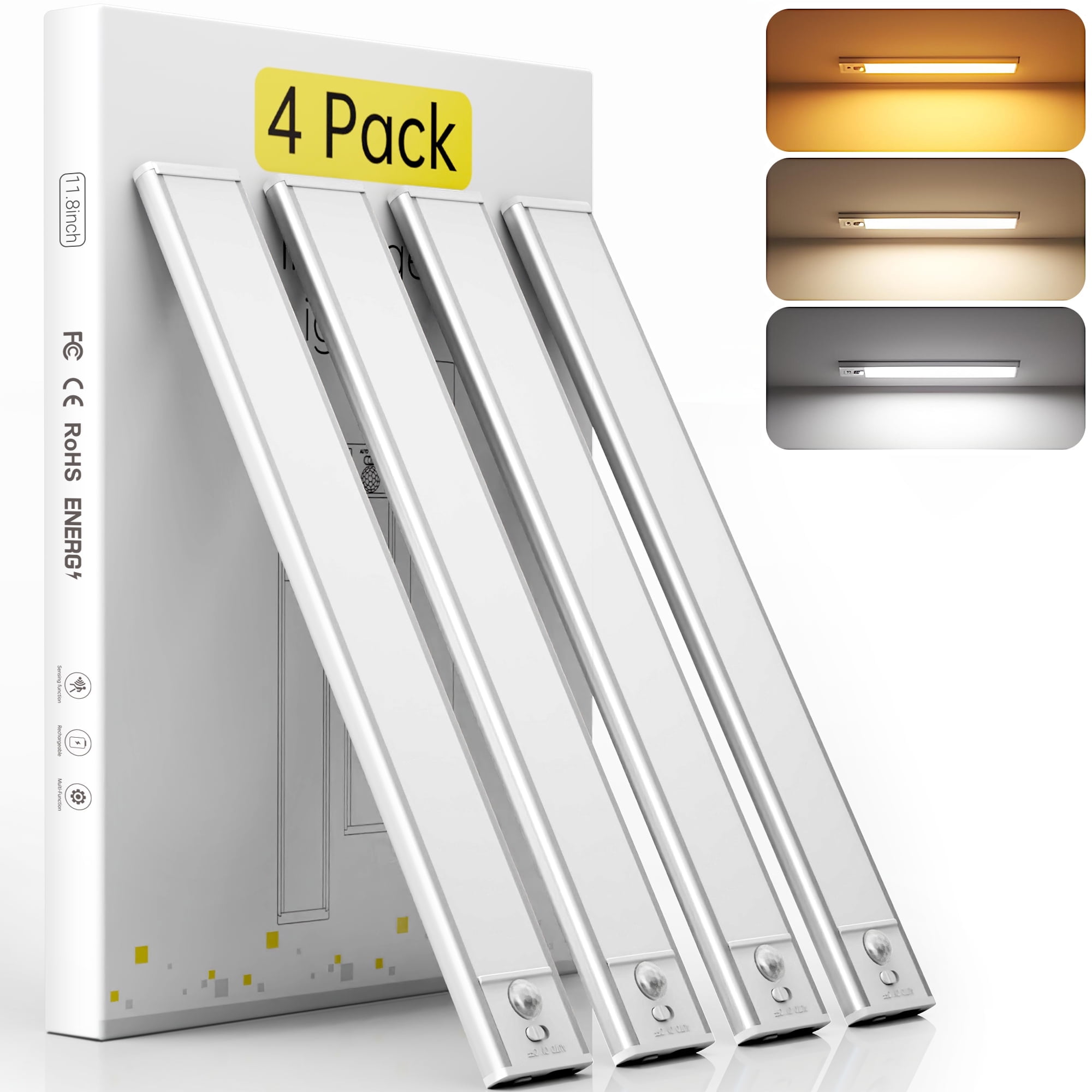 DAYBETTER 54 LED Under Cabinet Lights, USB Rechargeable Closet Lighting kit with Motion Sensor and Magnetic Strip for Wardrobe, Kitchen Wireless Lighting,4 Pack