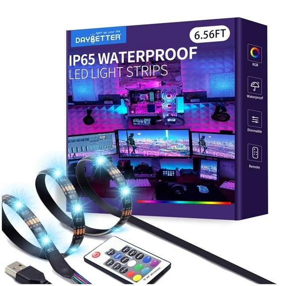 DAYBETTER 6.56ft Black Led Strip Lights,IP65 Waterproof Lights with 17 Key RF Remote Control and USB Plug-in,Perfect for Esports Table Tv Cabinet Bedroom Decor