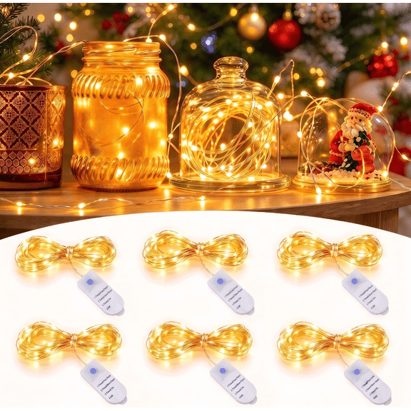 DAYBETTER 6 Pack Fairy String Lights, Warm White Copper Wire String Lights with 3 Lighting Modes, Battery-powered and Automatic Timer for Wedding, Party, Indoor Decor