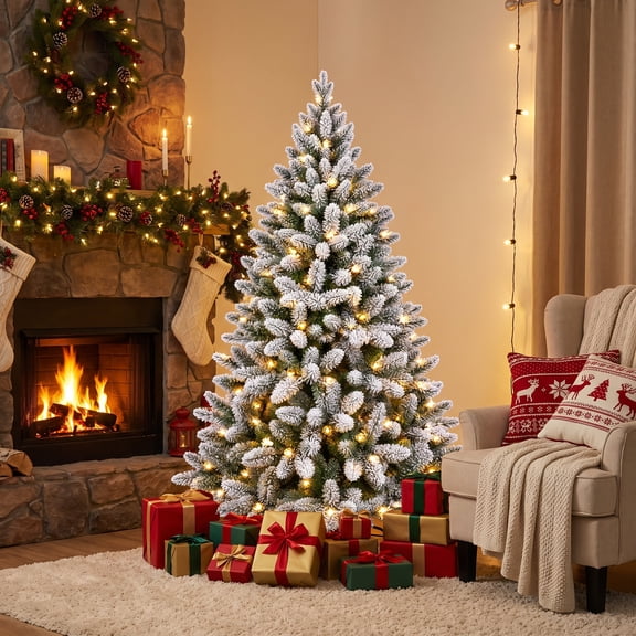 DAYBETTER 6ft Artifical Christmas Tree, Snow Flocked Christmas Pine Tree with 250 Warm White Lights & 820 White Tips Branch, Includes Metal Stand for Xmas Holiday, Indoor and Outdoor Decor