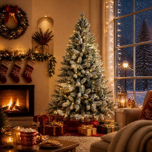 DAYBETTER 6ft Artifical Christmas Tree, Snow Flocked Christmas Pine Tree with 250 Warm White Lights & 820 White Tips Branch, Includes Metal Stand for Xmas Holiday, Indoor and Outdoor Decor