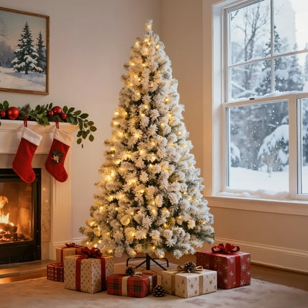 DAYBETTER 6ft Artificial Christmas Tree, Snow Flocked Christmas Pine Tree, with 210 Warm White Lights, 627 White Tips Branch, Includes Metal Stand for Xmas Holiday, Indoor and Outdoor Decor