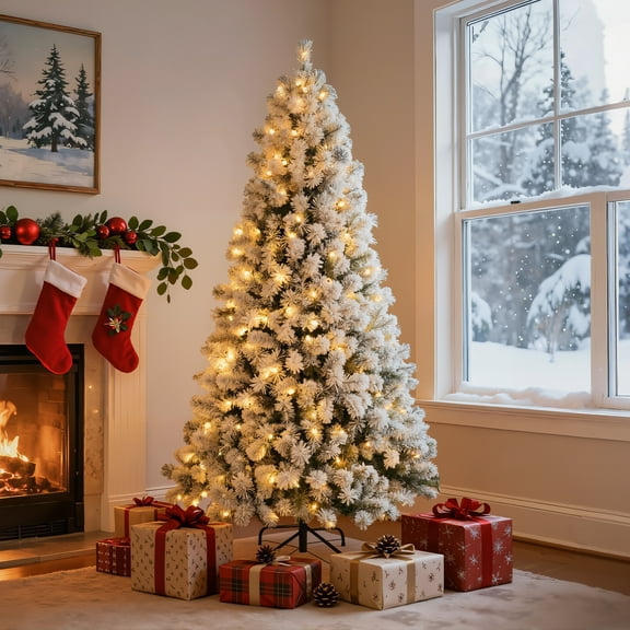 DAYBETTER 6ft Artificial Christmas Tree, Snow Flocked Christmas Pine Tree, with 210 Warm White Lights, 627 White Tips Branch, Includes Metal Stand for Xmas Holiday, Indoor and Outdoor Decor