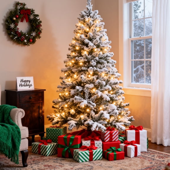 DAYBETTER 7.5ft Artificial Christmas Tree, Snow Flocked Christmas Pine Tree, with 450 Warm White Lights, 1200 White Tips Branch, Metal Stand for Xmas Holiday, Indoor and Outdoor Decor