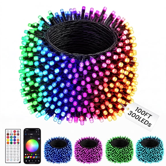 DAYBETTER 100ft Smart RGB String Lights, 300 LEDs, Remote & App Control, Music Sync with Million Colors, IP44 Waterproof for Indoor, Outdoor, Mansion, Christmas Decor