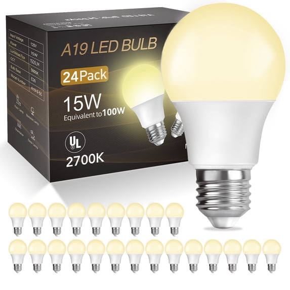 DAYBETTER A19 LED Light Bulbs, 100W Equivalent, 2700K Soft White, 15W 1500 Lumens, E26, 24 Pack