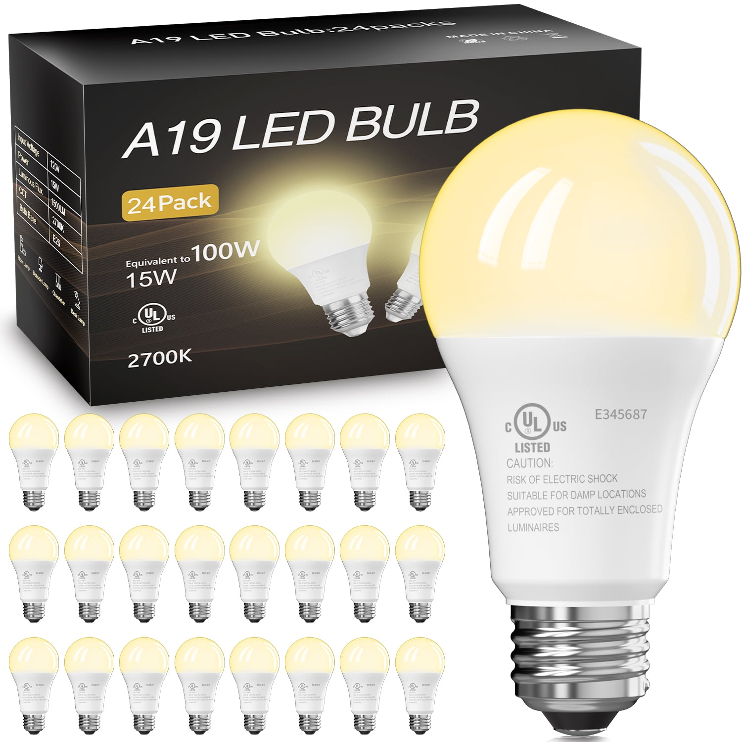 DAYBETTER A19 LED Light Bulbs, 100W Equivalent,2700K Daylight, 15W 1500 ...