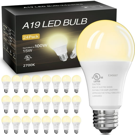 DAYBETTER A19 LED Light Bulbs, 100W Equivalent,2700K Daylight, 15W 1500 Lumens,E26 Standard Base,UL Listed,Lighting for Bedroom Living Room Home Office,24 Pack
