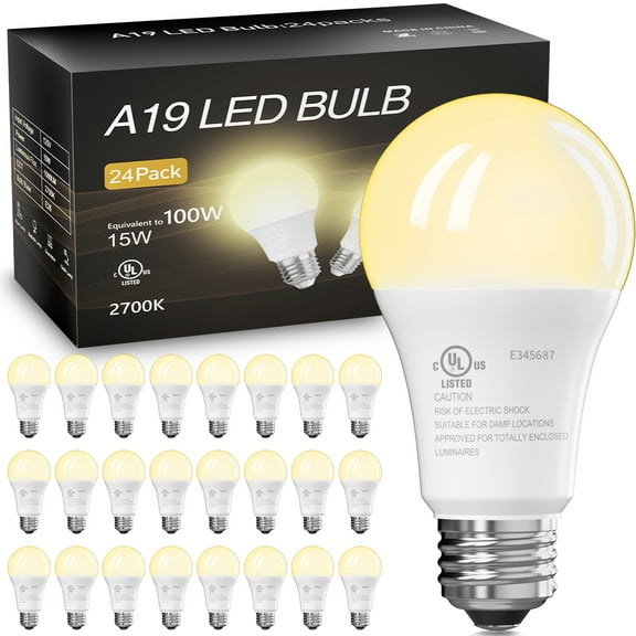 DAYBETTER A19 LED Light Bulbs, 100W Equivalent,2700K Daylight, 15W 1500 Lumens,E26 Standard Base,UL Listed,Lighting for Bedroom Living Room Home Office,24 Pack