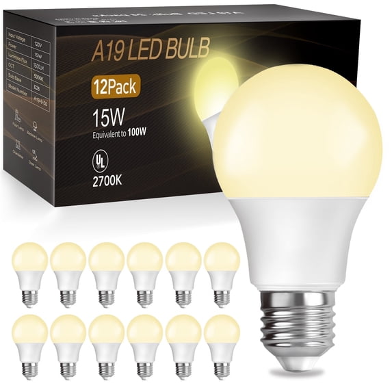 DAYBETTER A19 LED Light Bulbs, 100W Equivalent,2700K Soft White, 15W 1500 Lumens,E26,12 Pack