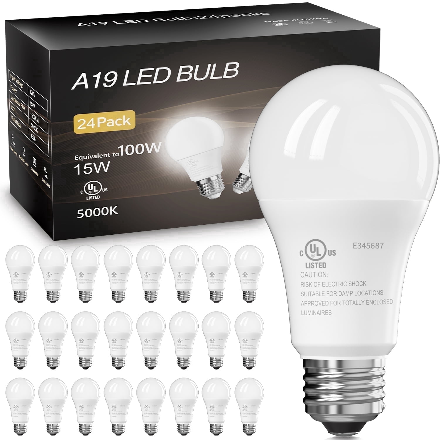 DAYBETTER A19 LED Light Bulbs, 100W Equivalent,5000K Daylight, 15W 1500 Lumens,E26 Standard Base,UL Listed,Lighting for Bedroom Living Room Home Office,24 Pack