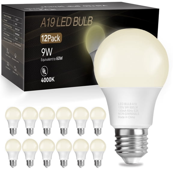 DAYBETTER A19 LED Light Bulbs, 60W Equivalent,4000K Cool White, 9W 800 Lumens,12Pack