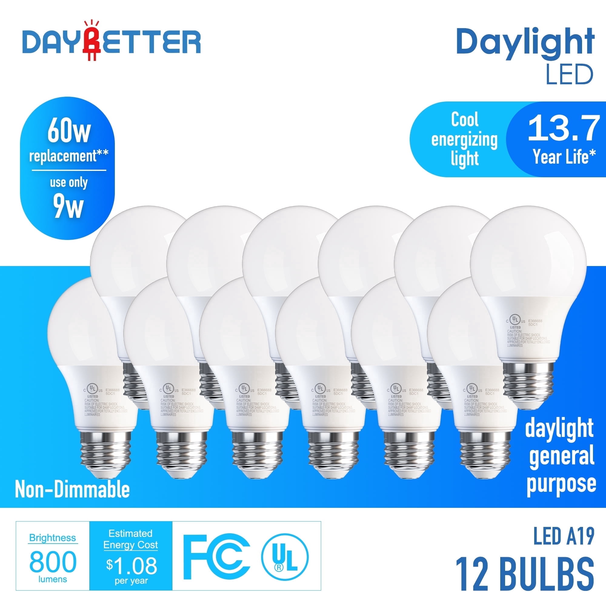 DAYBETTER A19 LED Light Bulbs, 60W Equivalent,5000K Daylight, 9W 800 Lumens,E26 Standard Base,UL Listed,Lighting for Bedroom Living Room Home Office,12 Pack