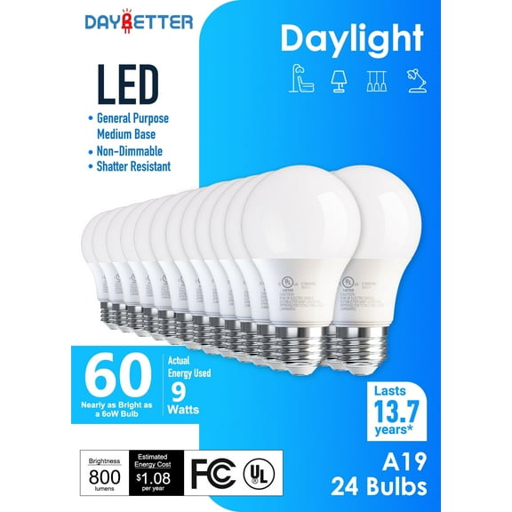 DAYBETTER A19 LED Light Bulbs, 60W Equivalent,5000K Daylight, 9W 800 Lumens,E26 Standard Base,UL Listed,Lighting for Bedroom Living Room Home Office,24 Pack