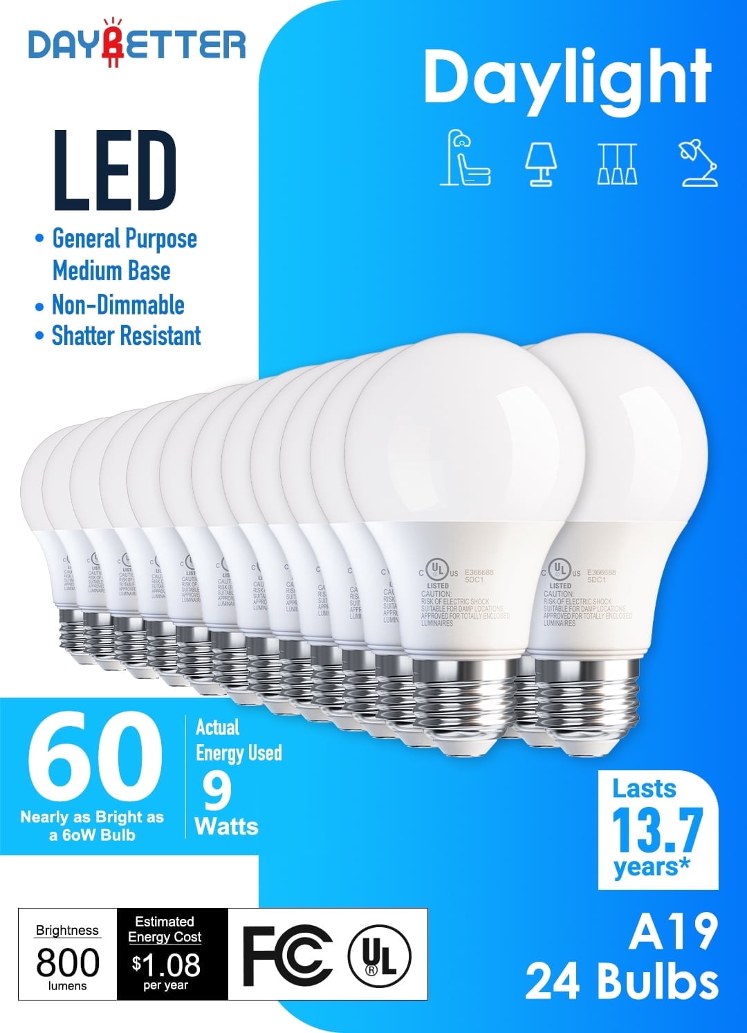 DAYBETTER A19 LED Light Bulbs, 60W Equivalent,5000K Daylight, 9W 800 Lumens,E26 Standard Base,UL Listed,Lighting for Bedroom Living Room Home Office,24 Pack